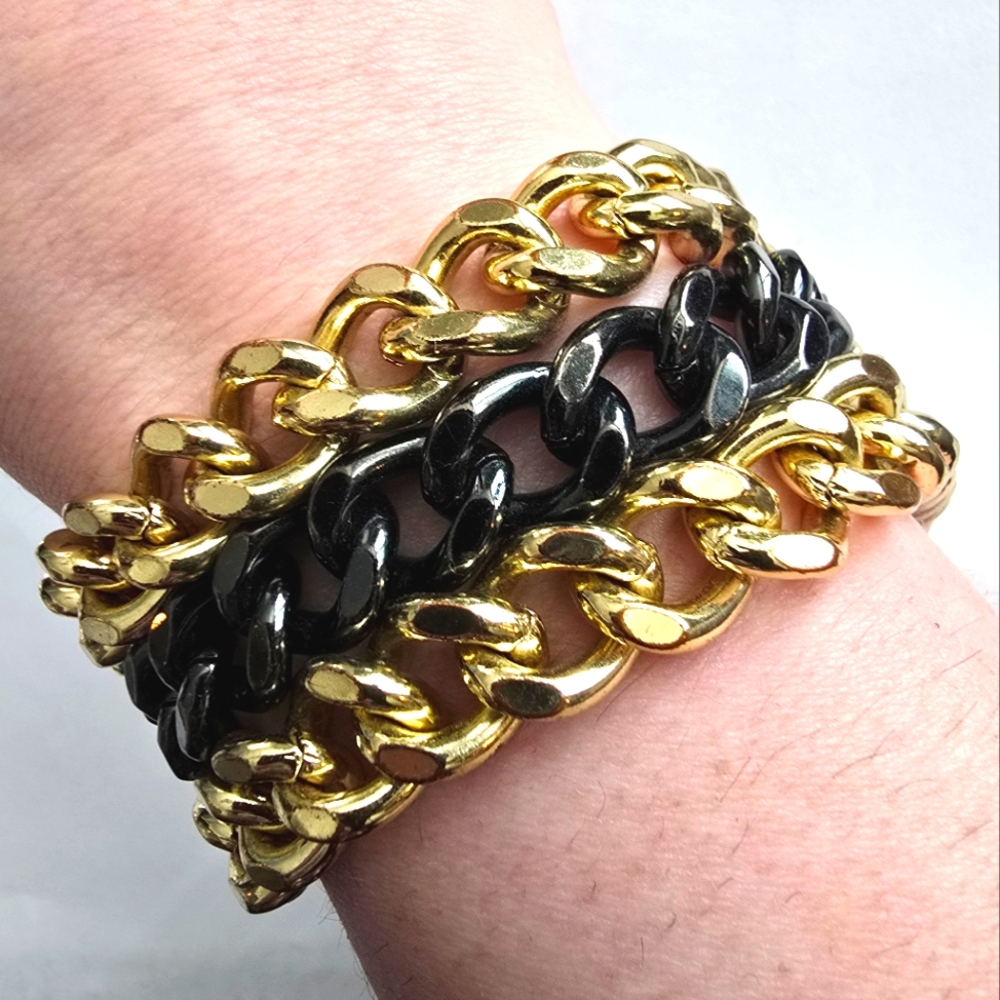 Triple chain bracelet big bold chunky gold black silver tone statement jewelry